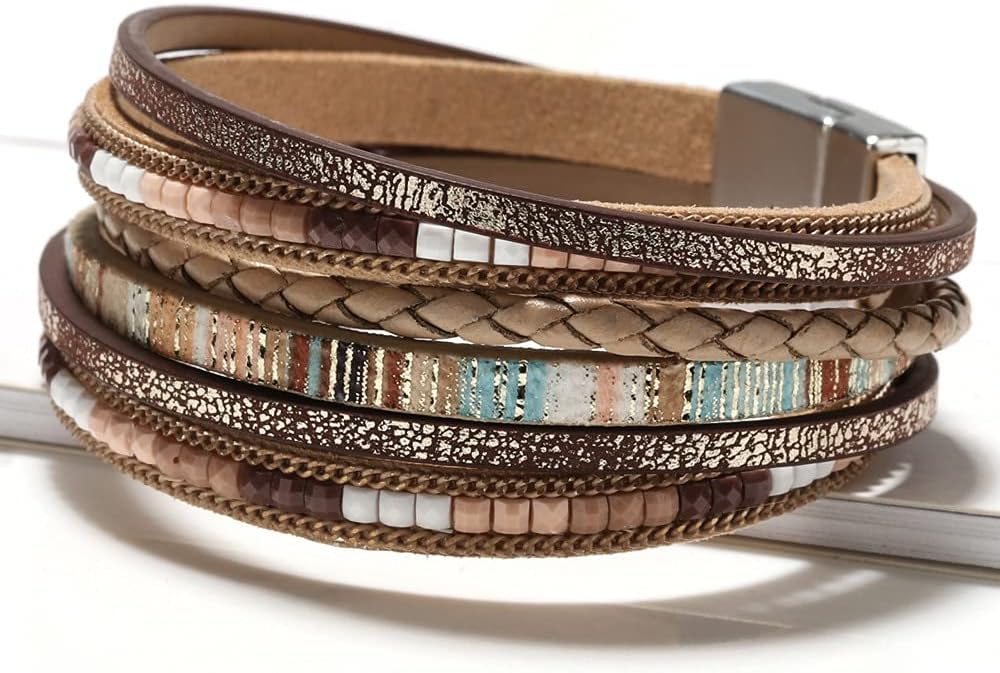 Fesciory Leather Wrap Bracelets for Women, Boho Western Layered Jewelry | Layered leather cuff bracelets, Easy on and off, Boho western style, Daily wear, Gift for women