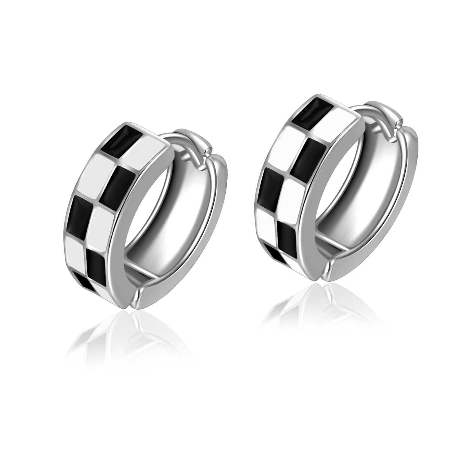 Checker Cartilage Hoops Teacher Earrings for Women White Black Enamel Gold | Hypoallergenic Office & Daily Wear Jewelry Gift