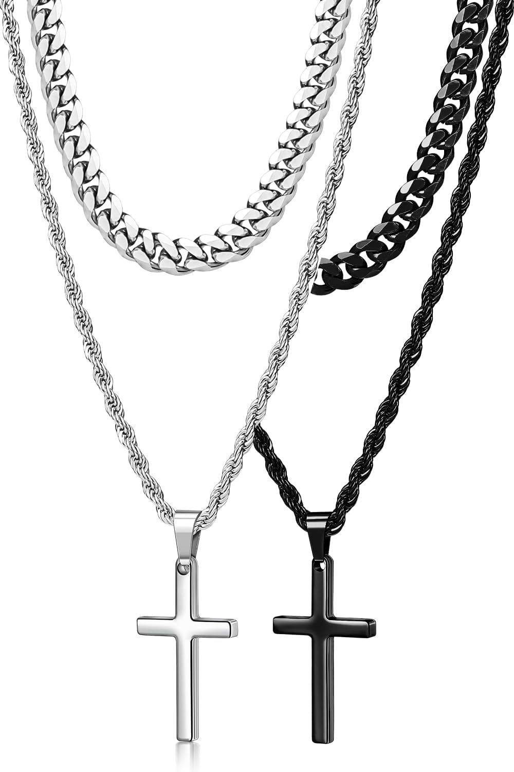 Romass 4Pcs Cross Necklace for Men Teen Boys,Stainless Steel Chains for Men Layered Necklaces Silver Gold Black Pendant Jewelry Box Gifts 18-24 Inches