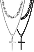 Romass 4Pcs Cross Necklace for Men Teen Boys,Stainless Steel Chains for Men Layered Necklaces Silver Gold Black Pendant Jewelry Box Gifts 18-24 Inches