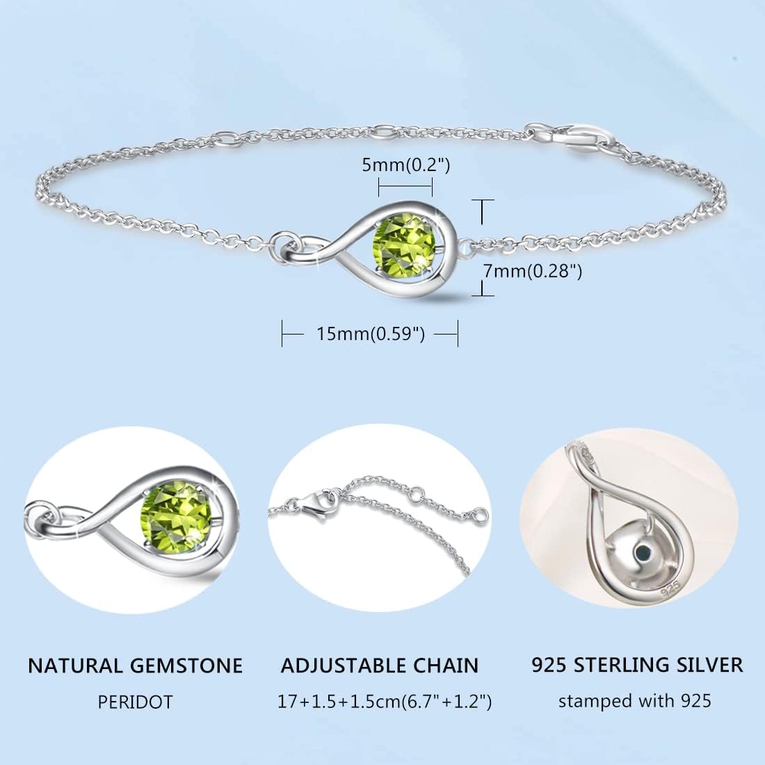 FANCIME Love Bracelet 925 Sterling Silver Infinity Birthstone Bracelets for Women Fine Jewelry Birthday Mothers Day Gifts for Her Mom Wife, Chain Length 6.7"+1.2" Extend