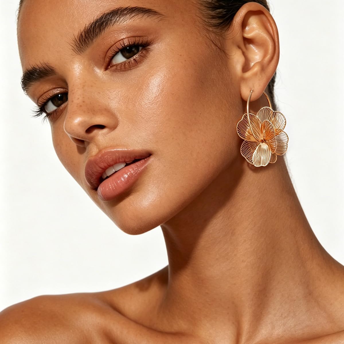 Dangle Flower Gold Earrings for Women, Trendy Statement Hoop Earrings Gifts | Lightweight/Tarnish-resistant