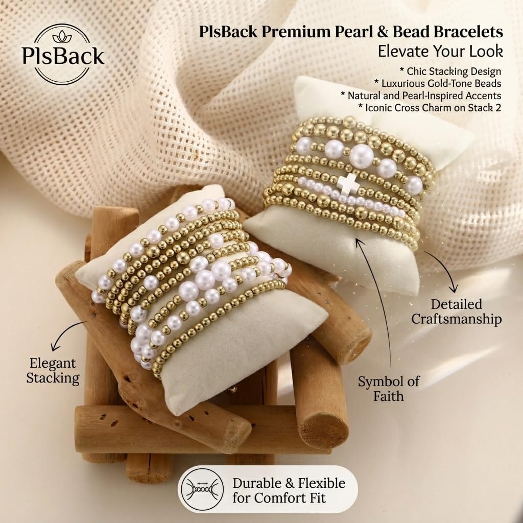 Gold Plated Bead & Pearl Bracelets for Women, 16PC Stackable Stretch Set | Elastic cord fits 6-7cm wrists; hypoallergenic, lead & nickel free; gift for Mom, Wife, Daughter, Birthday, Anniversary