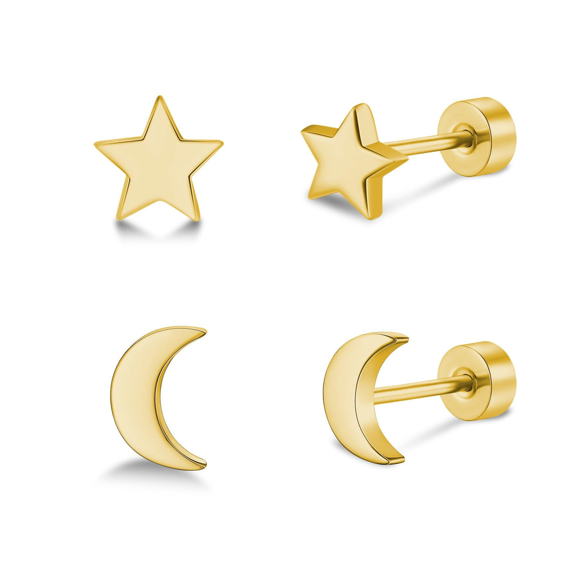 2 Pairs Flat Back Earrings Women, Titanium Star and Moon Earrings, Heart & CZ Flatback Stud, Butterfly & Lightning Screw Back, Crosses and Triangles Stud, Gold/Pink/Silver/Black Options
