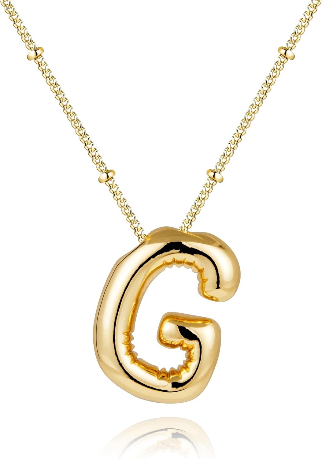 Inerney Gold Bubble Letter Necklace Initial Necklaces for Women, Chunky 14K Plated Balloon Initials, Trendy Charm Non Tarnish Custom Name Pendant Jewelry Gifts for Mom