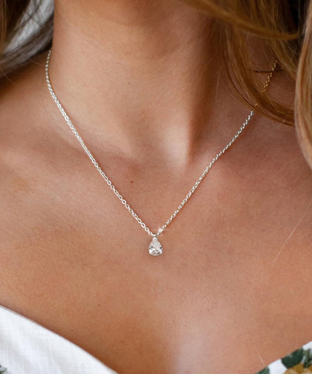 Gold Silver Necklace for Women, Dainty Cubic Zirconia Pendant | Teardrop CZ Charm, 14K Gold/Sterling Silver Plated, Adjustable Chain, Hypoallergenic & Waterproof Jewelry, Cute Trendy Gift