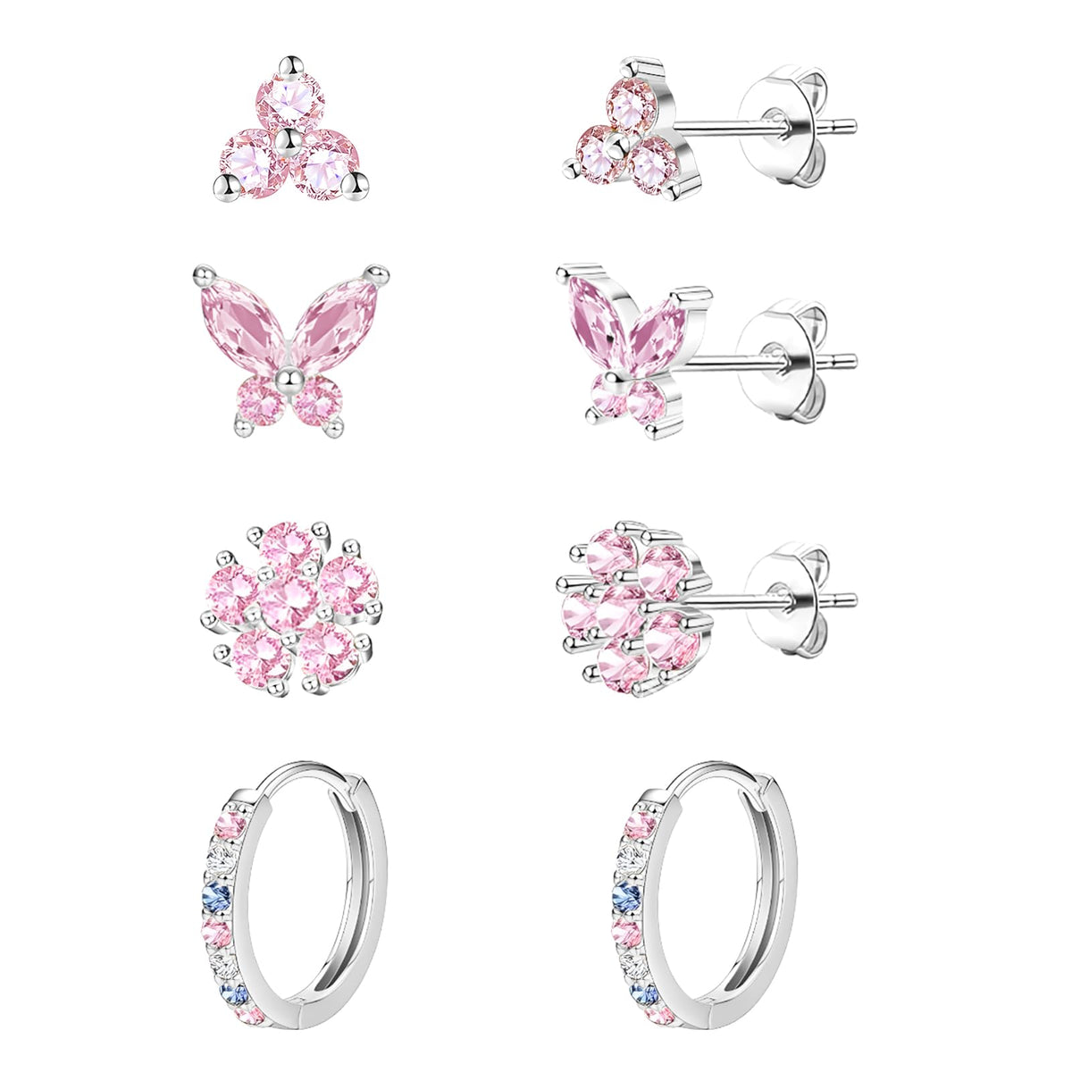 20G Gold Pink Studs Earrings for Women,14K Gold Plated Hypoallergenic Butterfly Earrings for Girls,4 Pairs Flower/Butterfly/Cubic Zirconia Cute Earring and Trendy Huggie Hoop Dainty Multipack Earring Sets