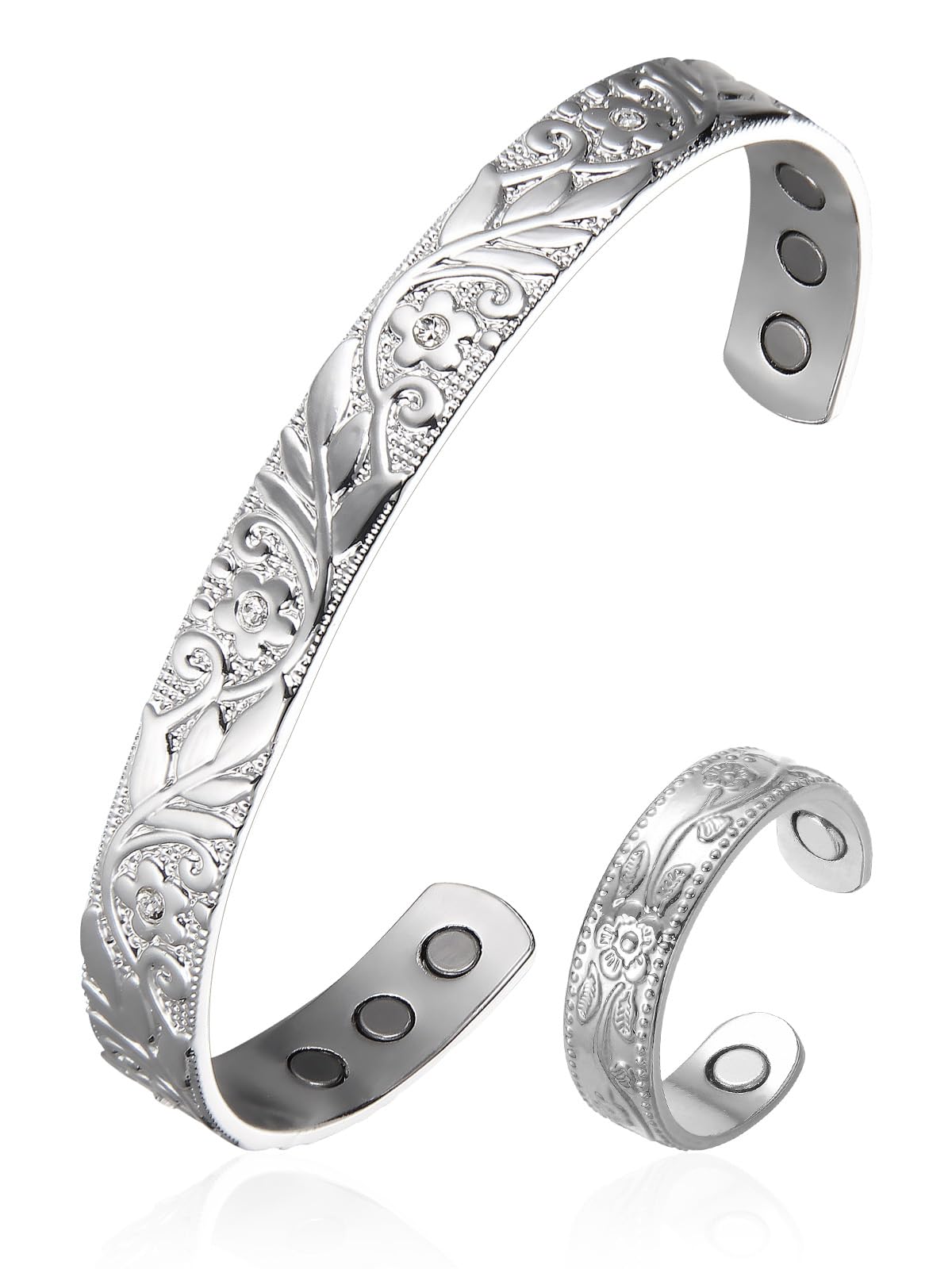 BioMag Copper Magnetic Bracelet Set for Women Men, Pure Copper Jewelry Gift | 99.99% Pure Copper Cuff Bangle Lymphatic Drainage Rings with 3500 Gauss Magnets, Adjustable & Flower Pattern, Multicolor