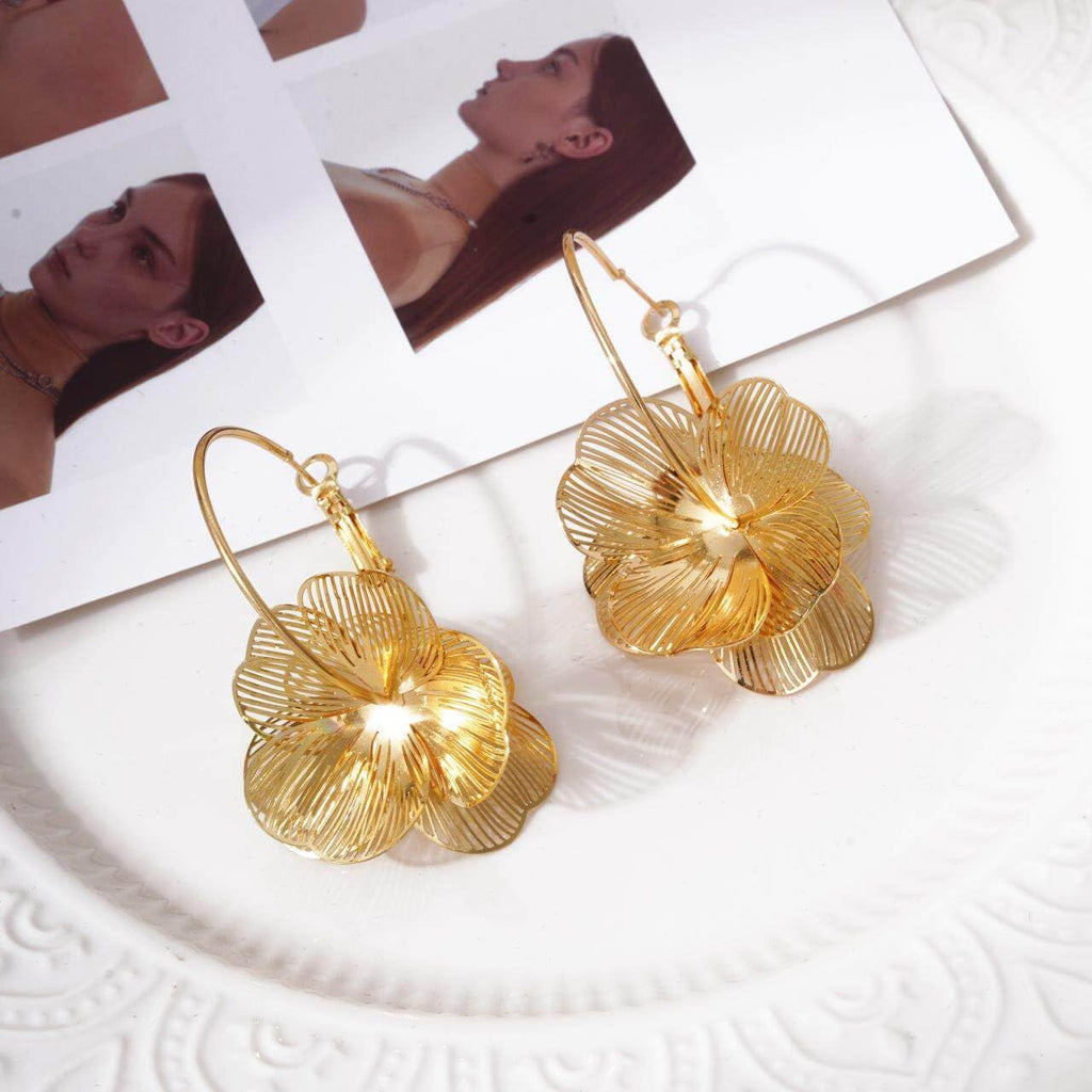 Dangle Flower Gold Earrings for Women, Trendy Statement Hoop Earrings Gifts | Lightweight/Tarnish-resistant