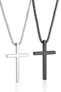 Romass 2 Pcs Cross Necklace for Men,Mens Necklace Stainless Steel Teen Boys Pendants Silver Black Gold Crosses Chain Jewelry Gifts Box 16-30 inches
