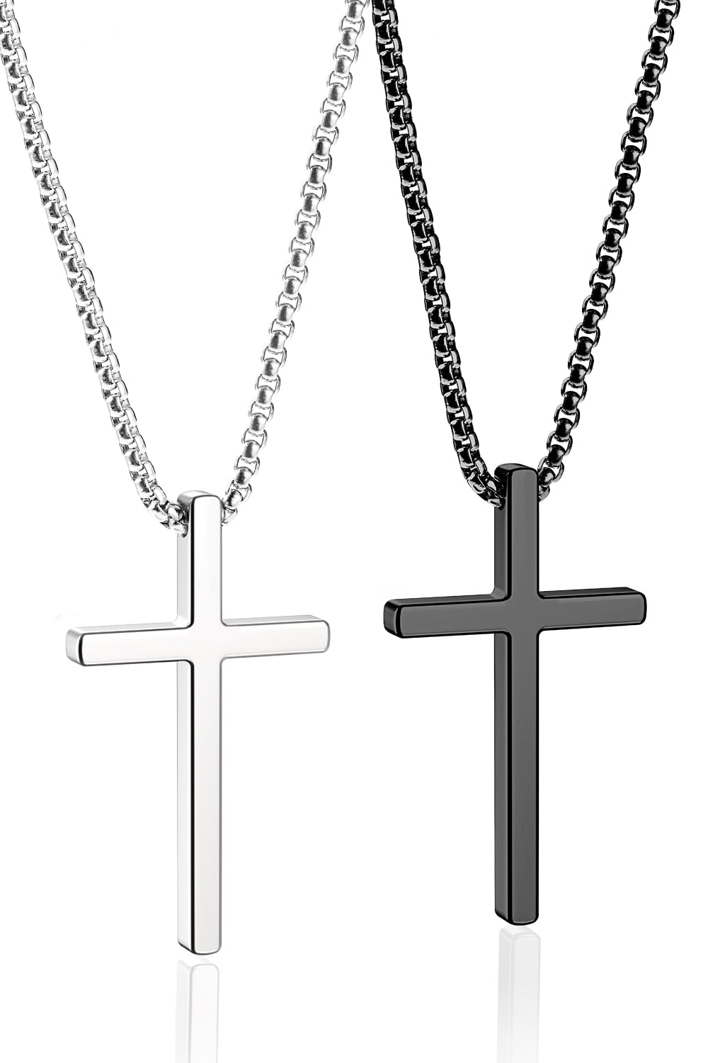 Romass 2 Pcs Cross Necklace for Men,Mens Necklace Stainless Steel Teen Boys Pendants Silver Black Gold Crosses Chain Jewelry Gifts Box 16-30 inches