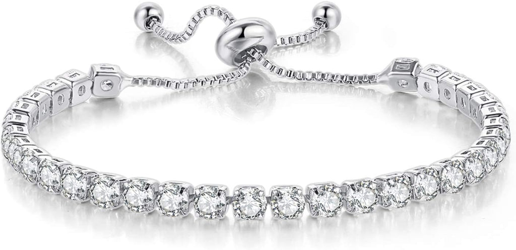 GEMOSA Tennis Bracelets for Women White Gold Plated Diamond | AAA+ Cubic Zirconia CZ Dainty Classic Adjustable Slider Bracelet Silver Fashion Jewelry Wedding Gift