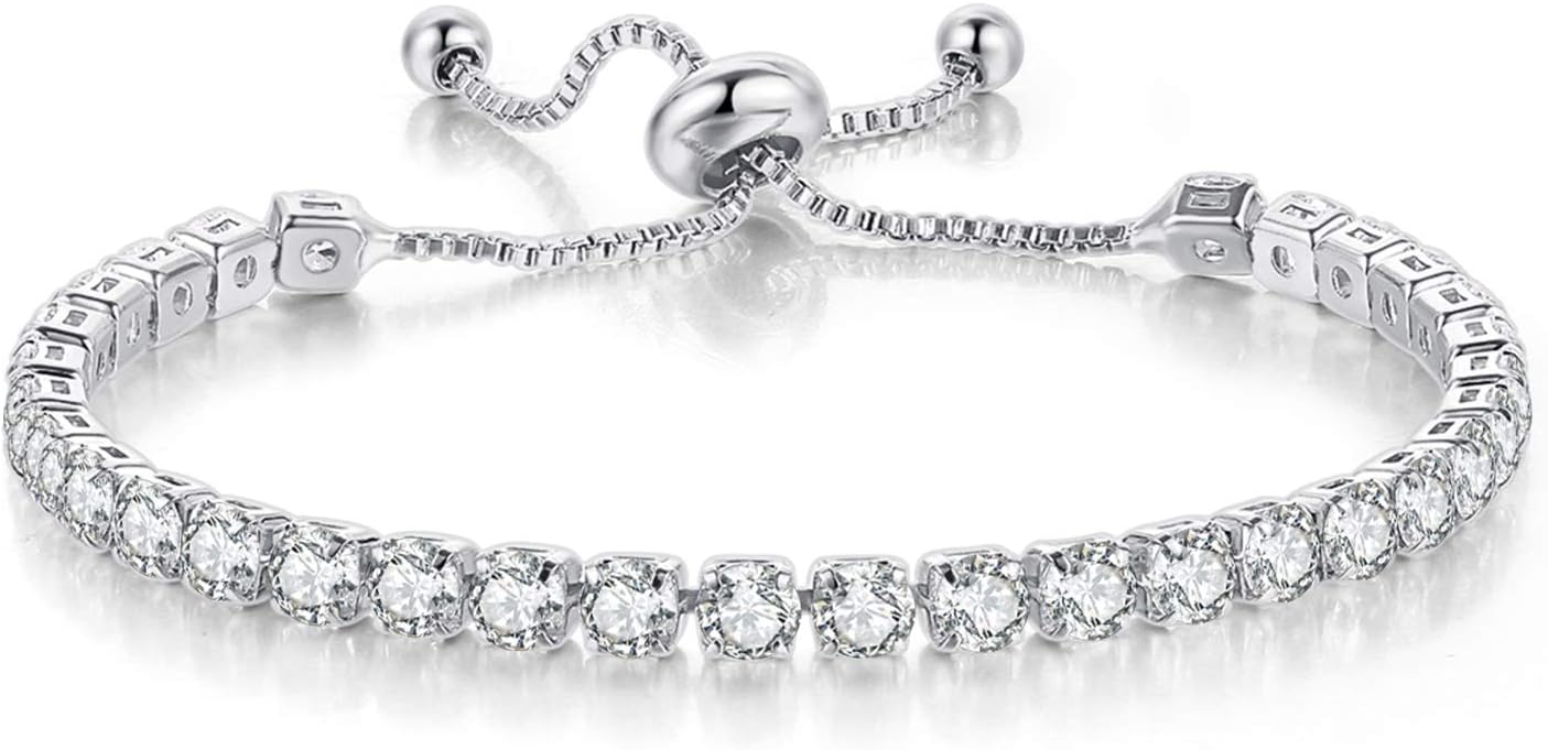 GEMOSA Tennis Bracelets for Women White Gold Plated Diamond | AAA+ Cubic Zirconia CZ Dainty Classic Adjustable Slider Bracelet Silver Fashion Jewelry Wedding Gift