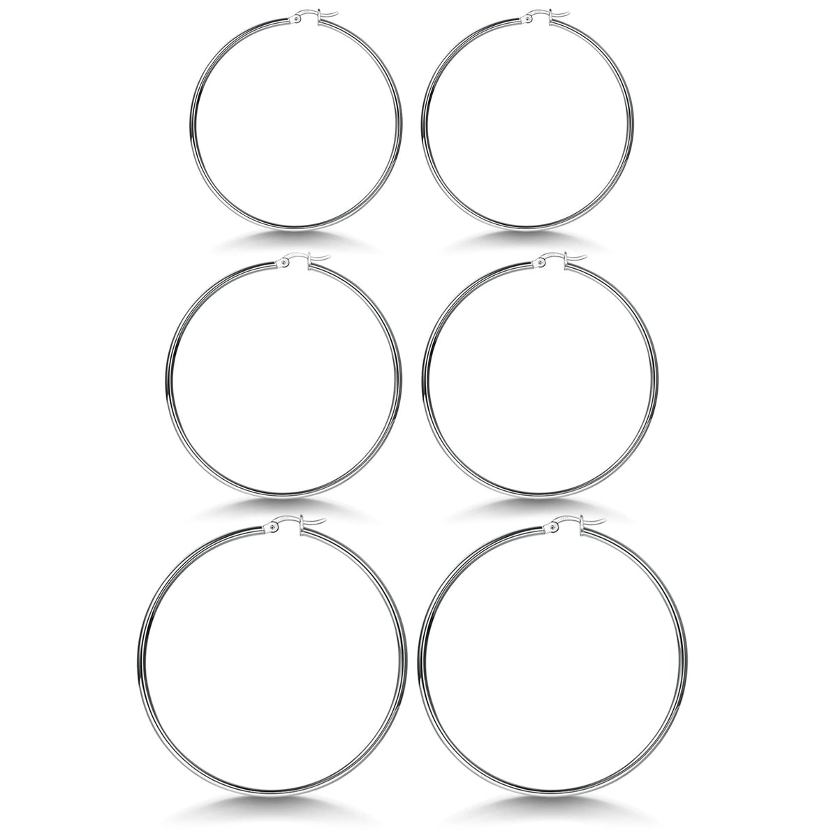 3 Pairs 925 Sterling Silver Hoop Earrings | Small White Gold Plated Hoop Earrings for Women (13mm,15mm,20mm，25mm,30mm,40mm,50mm,60mm)