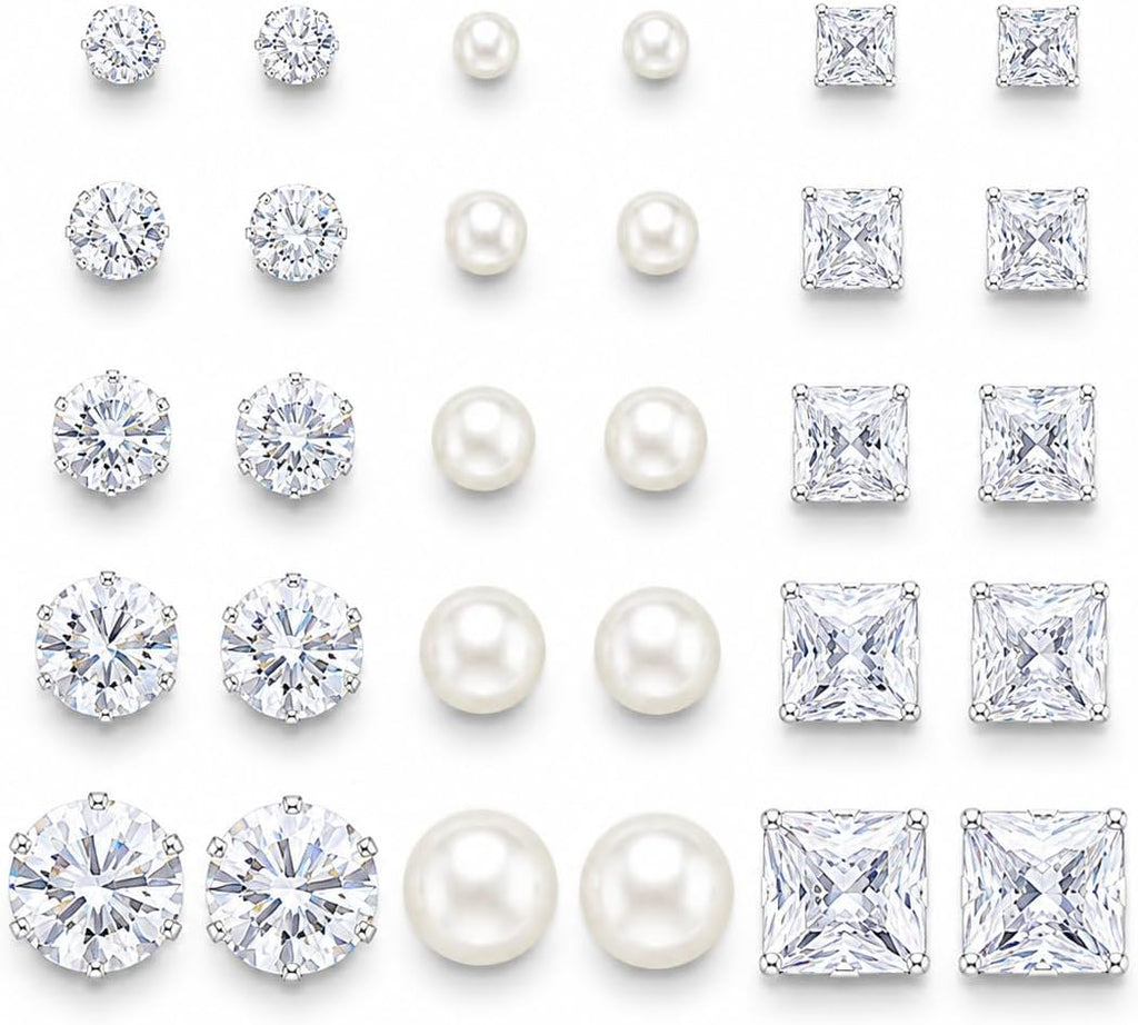 KISS WIFE 15 Pairs Silver Stud Earrings for Women, Cubic Zirconia Set | Multiple sizes and varied shapes with push-back closures, selected sets include faux pearl styles for everyday ear stacking.