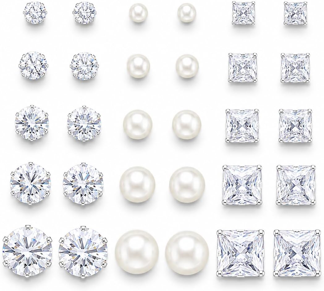 KISS WIFE 15 Pairs Silver Stud Earrings for Women, Cubic Zirconia Set | Multiple sizes and varied shapes with push-back closures, selected sets include faux pearl styles for everyday ear stacking.