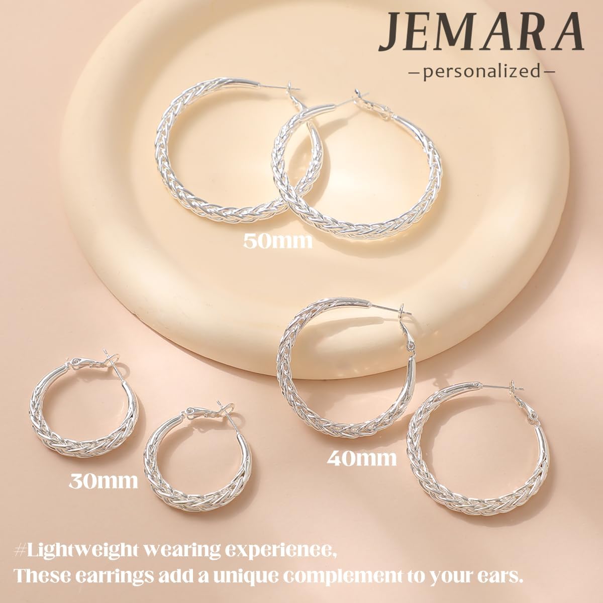 JEMARA Sterling Silver Hoop Earrings Hypoallergenic Thick Silver Earrings | 925 Sterling Silver Post Lightweight Large Chunky Silver Earrings Non Tarnish Trendy Everyday Earrings 30-50MM