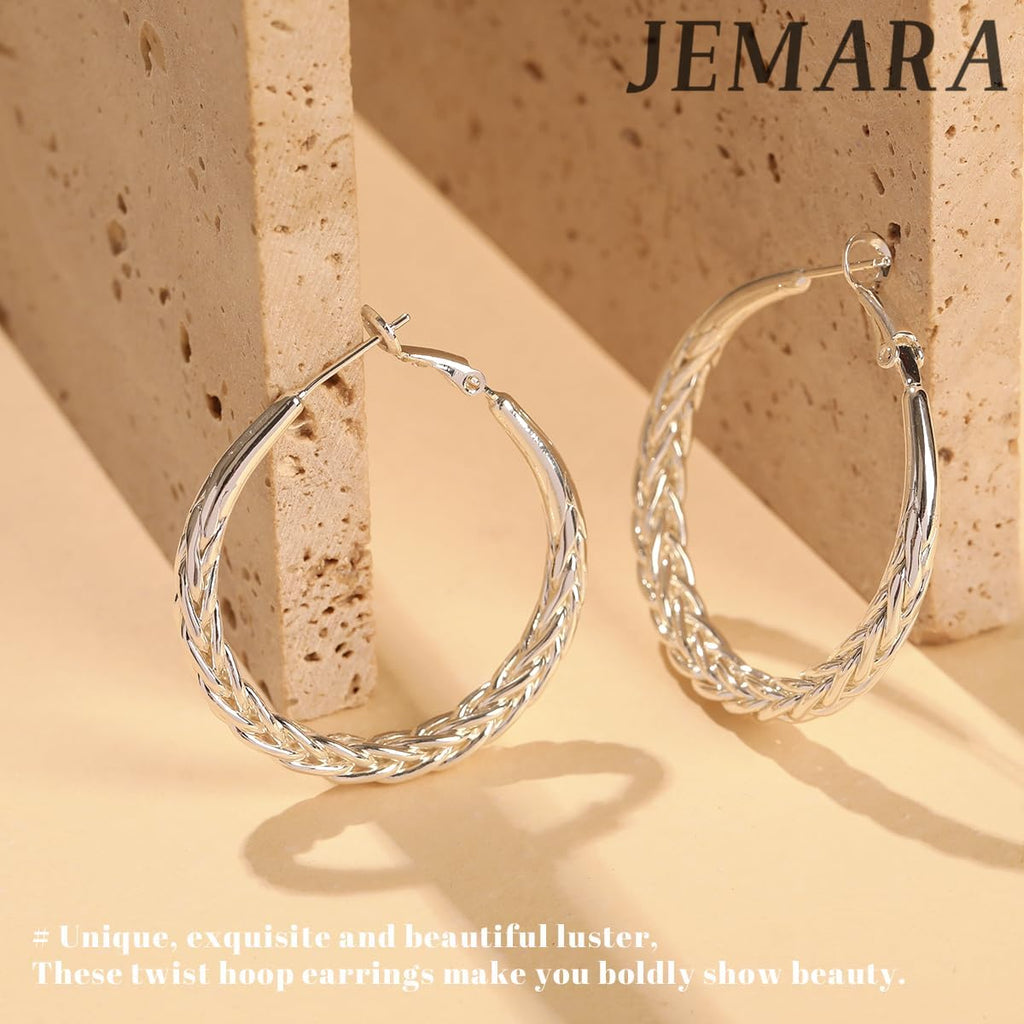 JEMARA Sterling Silver Hoop Earrings Hypoallergenic Thick Silver Earrings | 925 Sterling Silver Post Lightweight Large Chunky Silver Earrings Non Tarnish Trendy Everyday Earrings 30-50MM