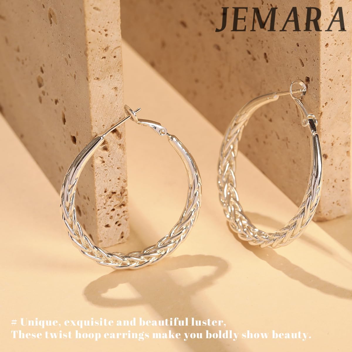 JEMARA Sterling Silver Hoop Earrings Hypoallergenic Thick Silver Earrings | 925 Sterling Silver Post Lightweight Large Chunky Silver Earrings Non Tarnish Trendy Everyday Earrings 30-50MM