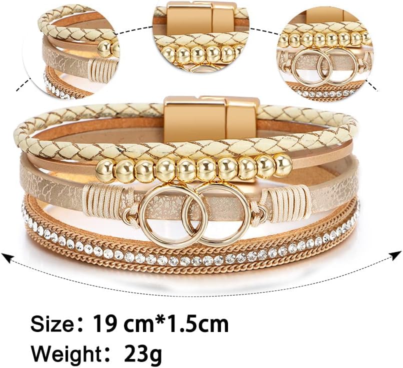 Fesciory Leather Wrap Bracelet for Women, Boho Western Layered Cuff Jewelry | Stackable Bracelets, Easy-On Clasp, Daily Wear, Pairs with Boho Western Outfits, Gift for Women