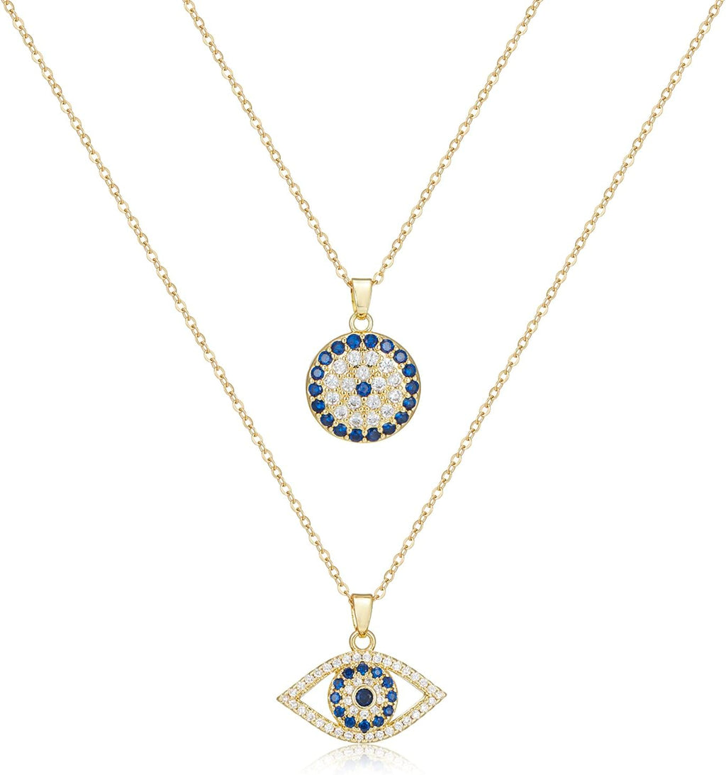 Evil Eye Necklace Layered Necklaces for Women, 2Pcs 18K Gold Plated Dainty Evil Eye Choker Pendant Necklace Handmade Evil Eye Jewelry Protection Gifts