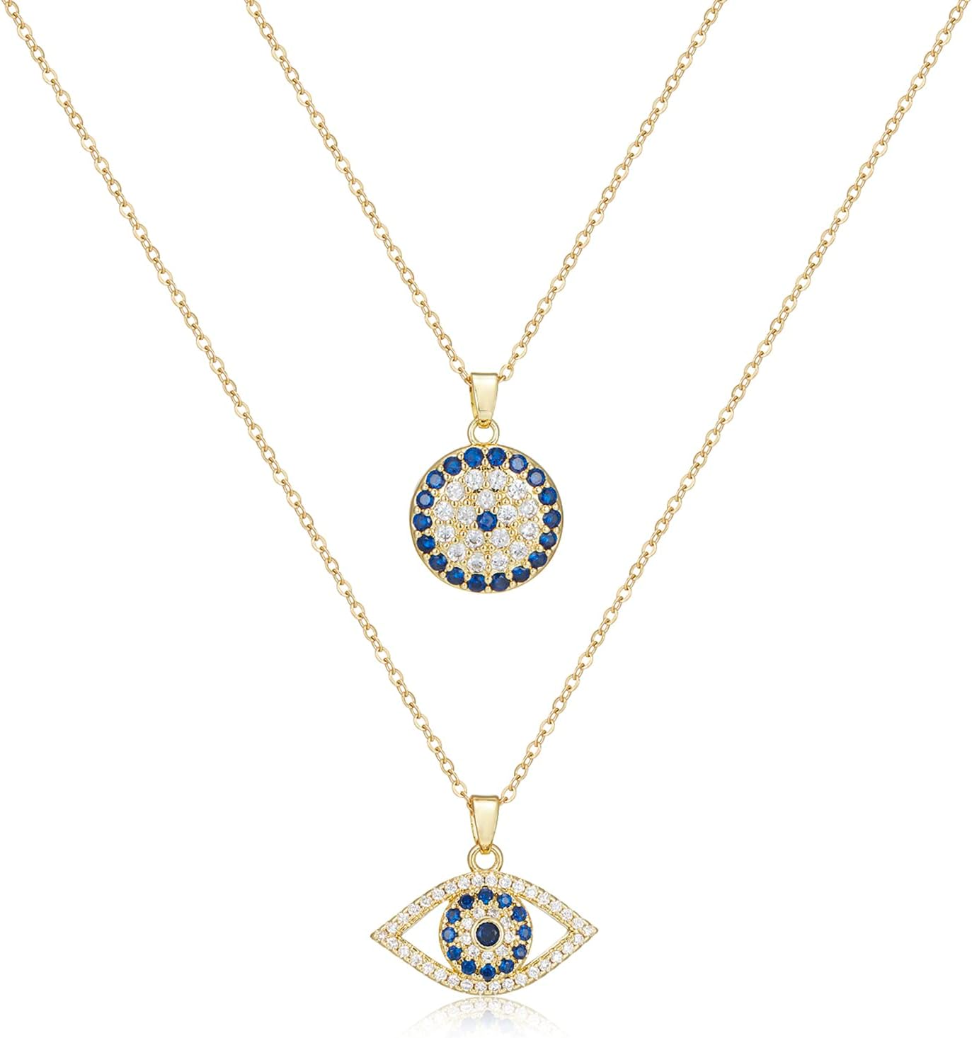 Evil Eye Necklace Layered Necklaces for Women, 2Pcs 18K Gold Plated Dainty Evil Eye Choker Pendant Necklace Handmade Evil Eye Jewelry Protection Gifts