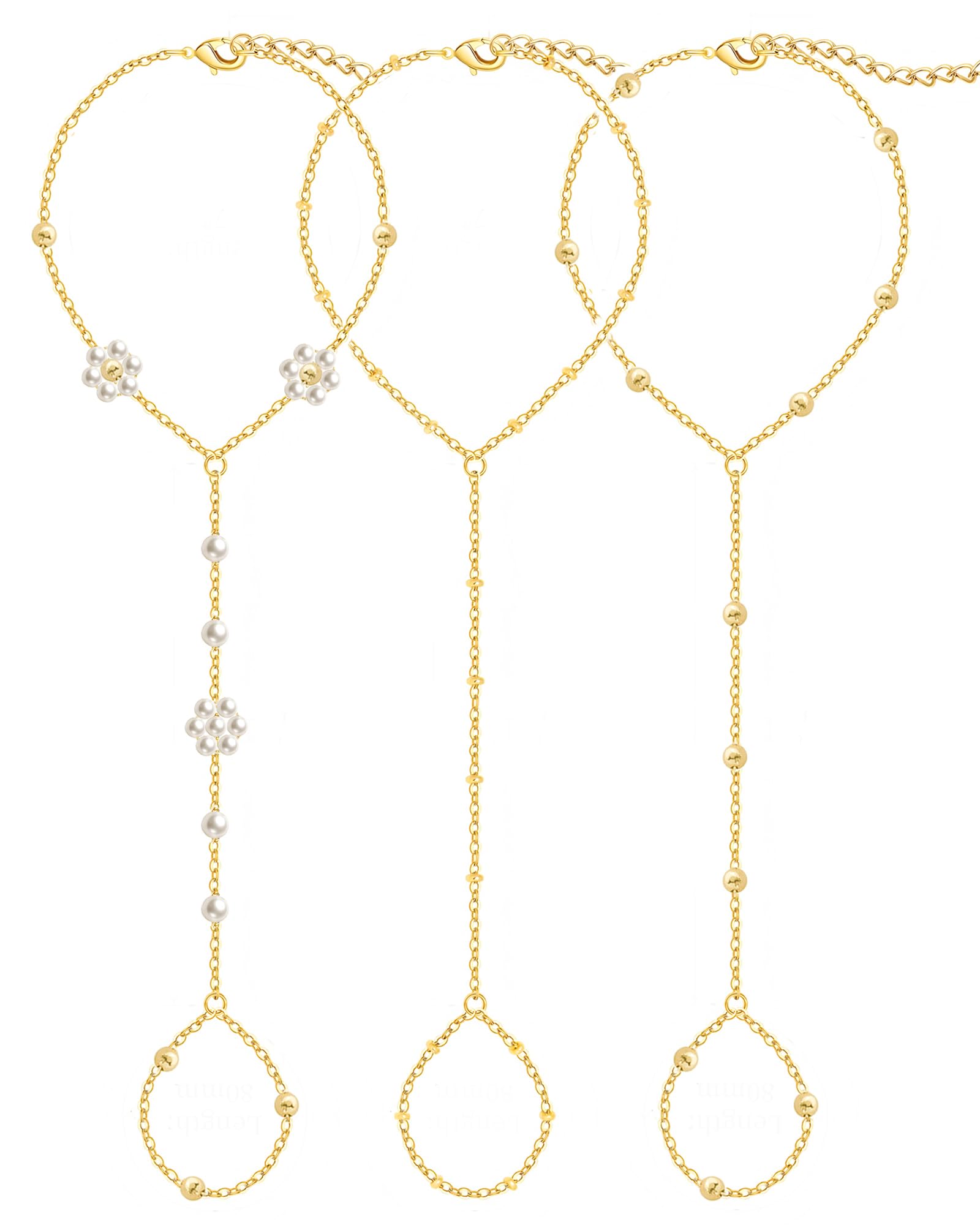 3PCS 14K Gold-Plated Hand Chain Bracelets for Women, Stack Bracelets Set Adjustable, Trendy Dainty Ring Bracelet Hand Chain
