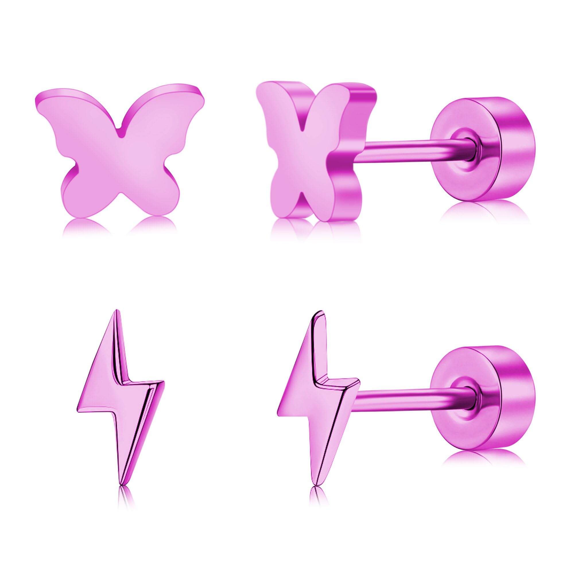 2 Pairs Flat Back Earrings Women, Titanium Star and Moon Earrings, Heart & CZ Flatback Stud, Butterfly & Lightning Screw Back, Crosses and Triangles Stud, Gold/Pink/Silver/Black Options