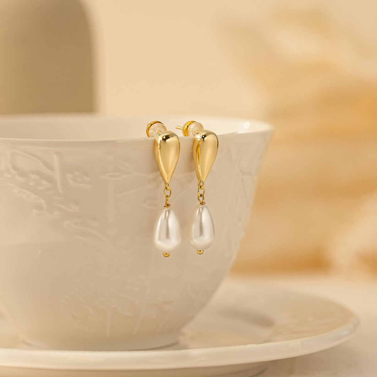 Plenky Pearl Earrings-14K Gold Plated Dainty Pearl Drop Simple Wedding CZ Dangle Dangling Cute Stud Earrings for Brides Earrings for Women Gifts