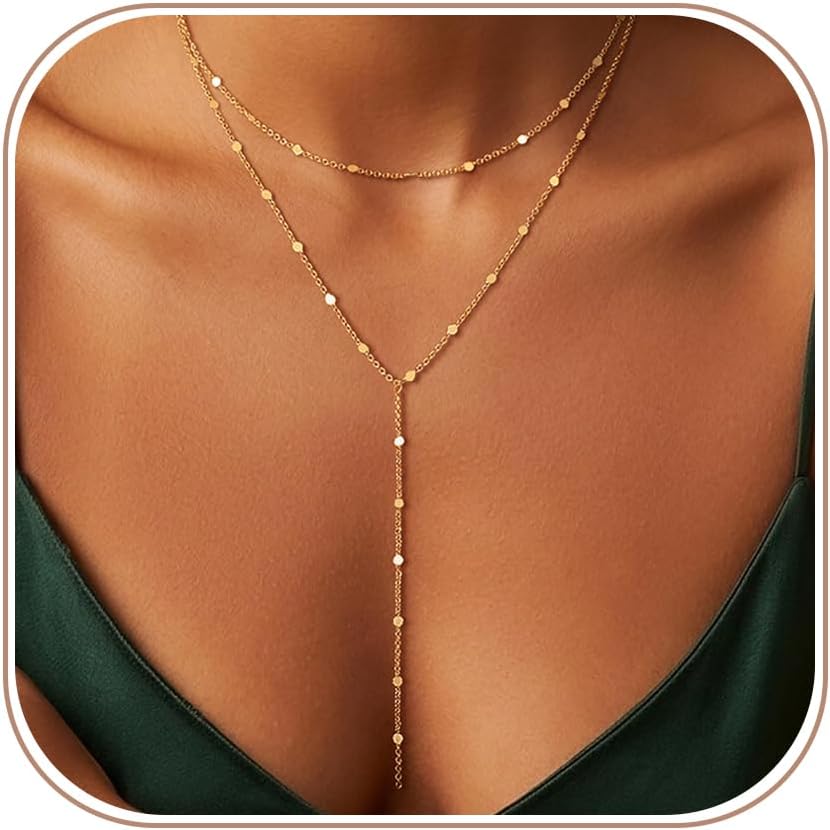 Gold/Silver Necklace for Women 14K Gold/Silver Plated Long CZ Necklaces Layered Lariat Chain Beach Choker Trendy Stuff Simple Cute Accessories Gifts Prom Formal Jewelry