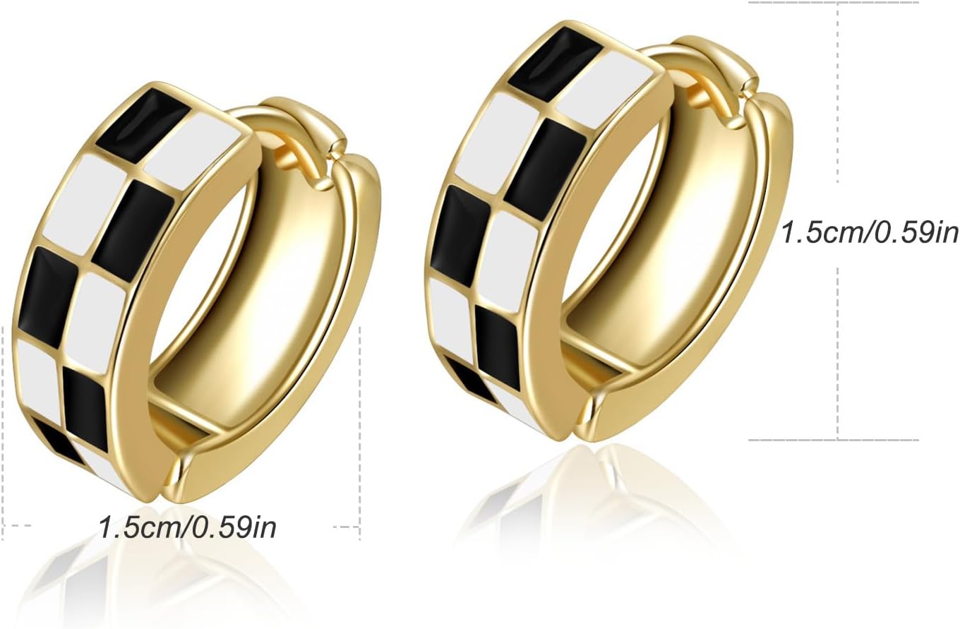 Checker Cartilage Hoops Teacher Earrings for Women White Black Enamel Gold | Hypoallergenic Office & Daily Wear Jewelry Gift