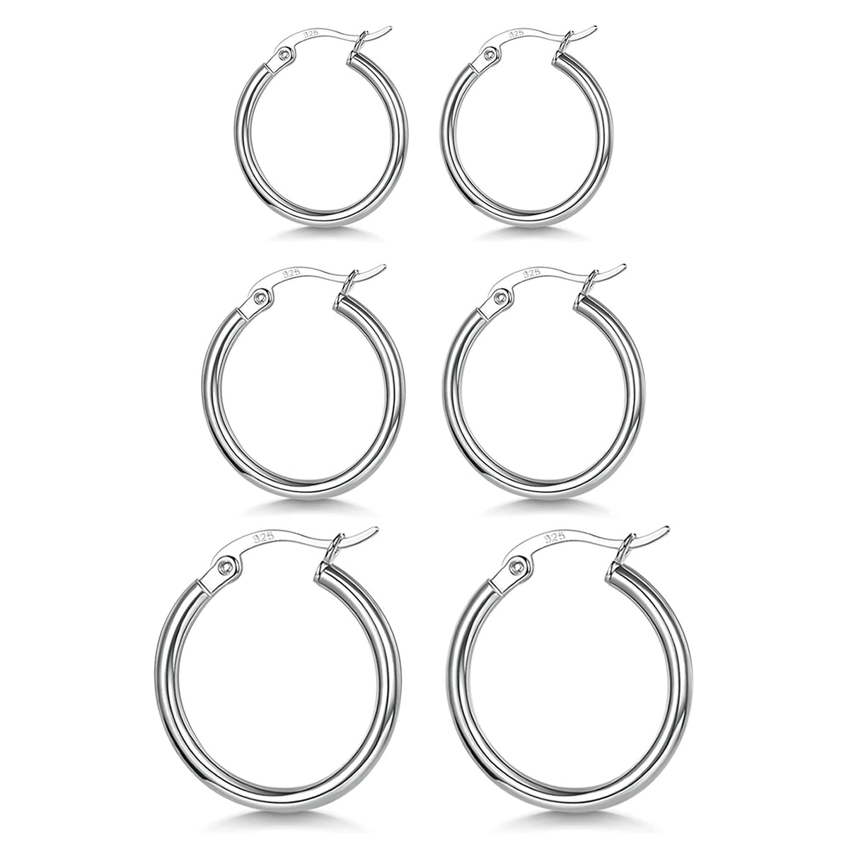3 Pairs 925 Sterling Silver Hoop Earrings | Small White Gold Plated Hoop Earrings for Women (13mm,15mm,20mm，25mm,30mm,40mm,50mm,60mm)
