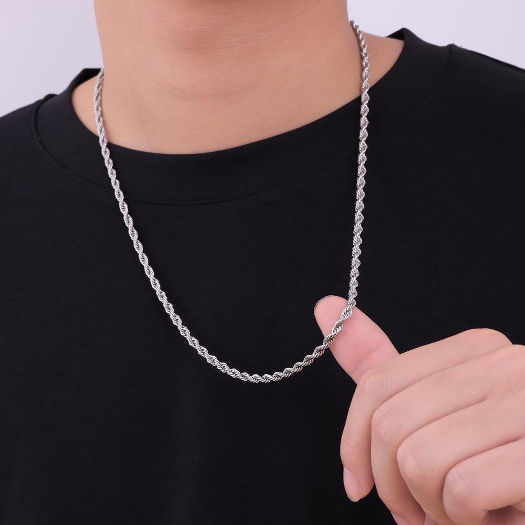 Fiusem 3mm Rope Chain Necklace for Men, Silver Tone Mens Chain Necklace, Stainless Steel Necklace Chain for Men Women, Jewelry Gift