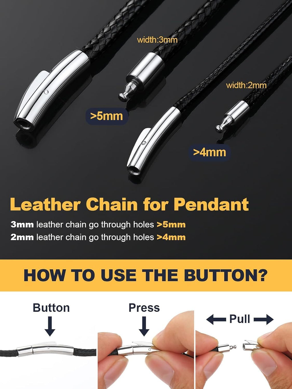 U7 Leather Necklace Cord for Men Black Wax Rope Chain for Pendant | Waterproof Woven Wax Cord Necklace With Stainless Steel Clasp, 1.5/2/3mm, 16-30", Lightweight Comfortable for Everyday Wear