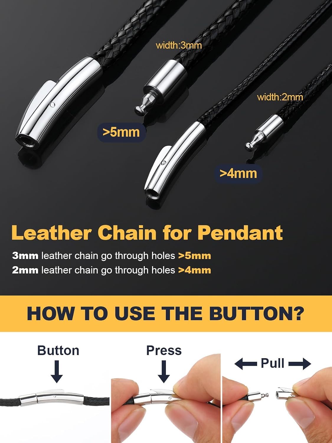 U7 Leather Necklace Cord for Men Black Wax Rope Chain for Pendant | Waterproof Woven Wax Cord Necklace With Stainless Steel Clasp, 1.5/2/3mm, 16-30", Lightweight Comfortable for Everyday Wear