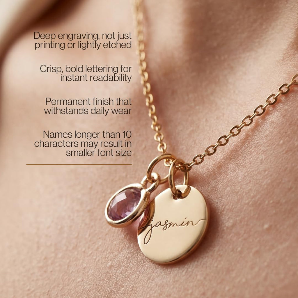 Personalized Birthstone Necklace for Women, Custom Birthstone Name Necklace | Custom necklaces for women, gold plated stainless steel, engraved name and birthstone — gifts for mom, grandma or best friend