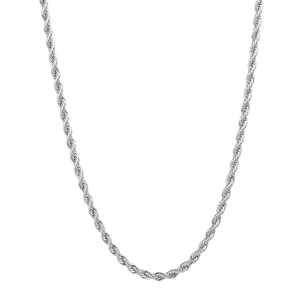 Fiusem 3mm Rope Chain Necklace for Men, Silver Tone Mens Chain Necklace, Stainless Steel Necklace Chain for Men Women, Jewelry Gift