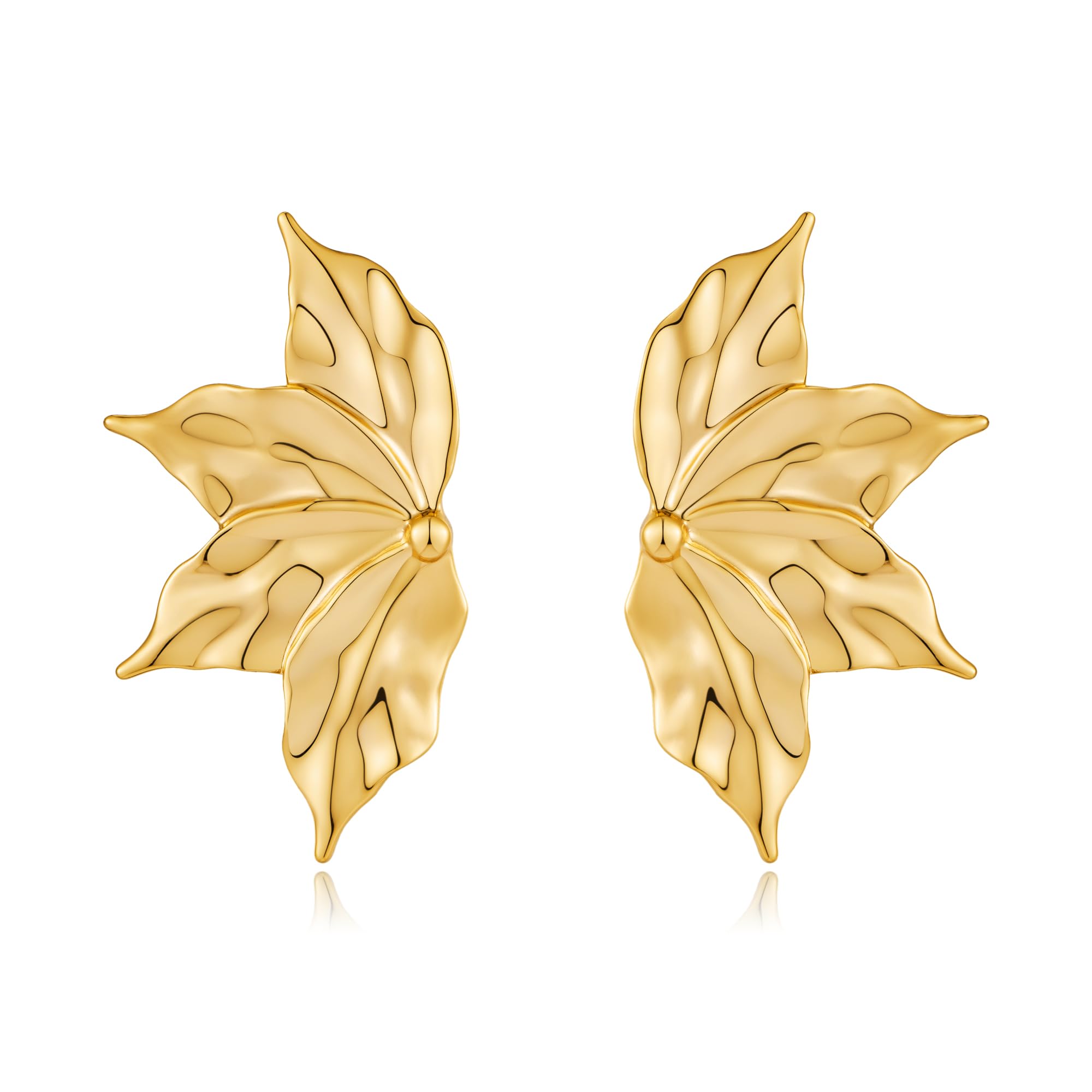 Chunky Gold Statement Earrings For Women Gold Plated Sectored Flower Leaf Shell Angel Wing Earrings Trendy Boho Jewelry For Women Large Stud Earrings Hypoallergenic Earrings Gold Jewelry Gift