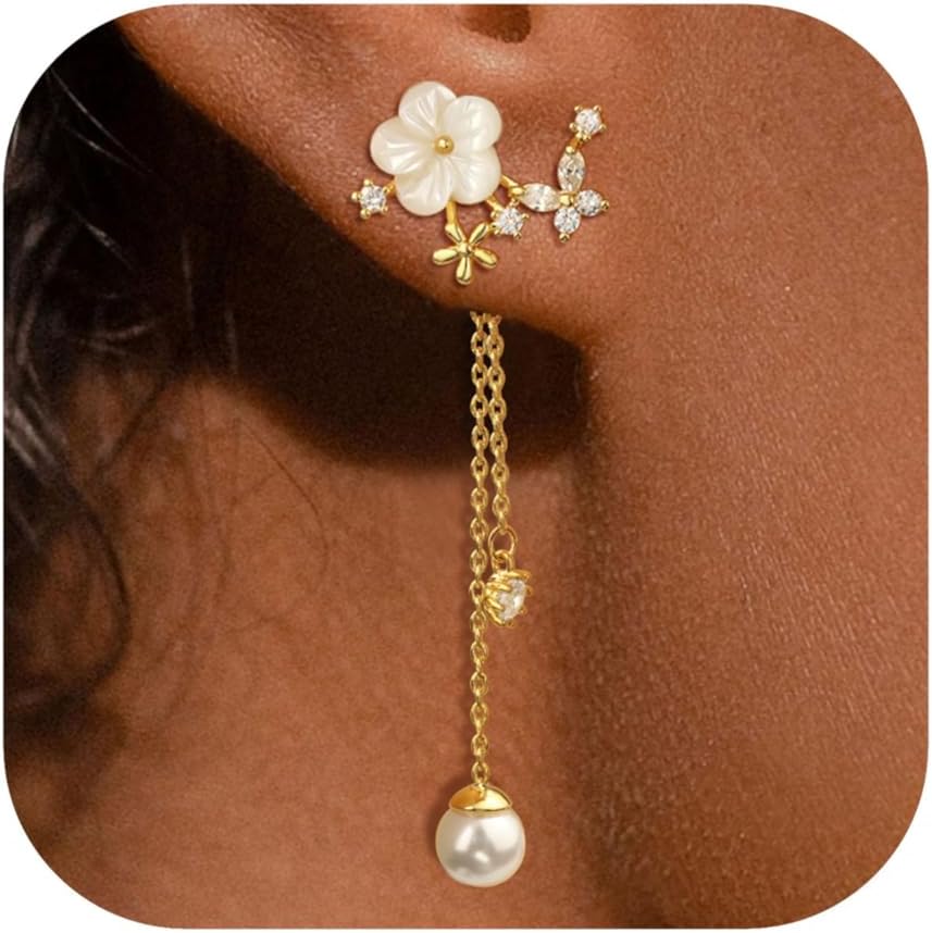 Dangle Pearl Drop Gold Earrings for Women Flower Wedding Jewelry | Dangling for Brides, Prom, Long Threader Chain, Trendy, Dainty, Sparkly CZ, Gifts for Women