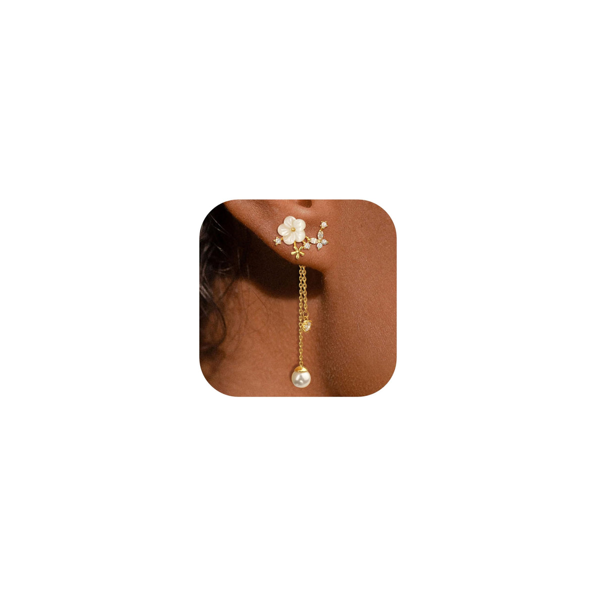 Dangle Pearl Drop Gold Earrings for Women Flower Wedding Jewelry | Dangling for Brides, Prom, Long Threader Chain, Trendy, Dainty, Sparkly CZ, Gifts for Women