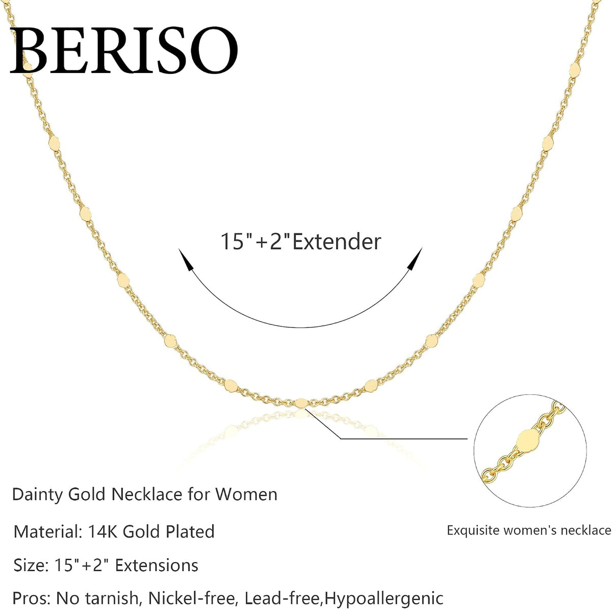 BERISO 14K Gold/Silver Plated Choker Necklace for Women Shining Dots Station Gold Chain Necklace Beads Sparkle Chain Necklace Link Chain Exquisite Jewelry for women