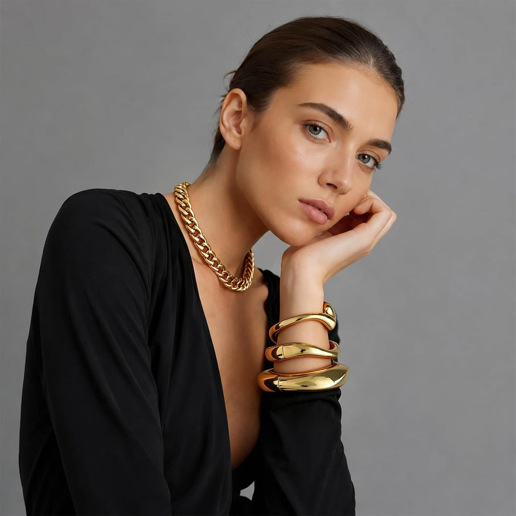 Chunky Gold Bangle Bracelets for Women Trendy 14K Gold Plated Cuff Bracelets Stack, Dainty Gold Bracelet Sets Non Tarnish Fashion Jewelry Gift