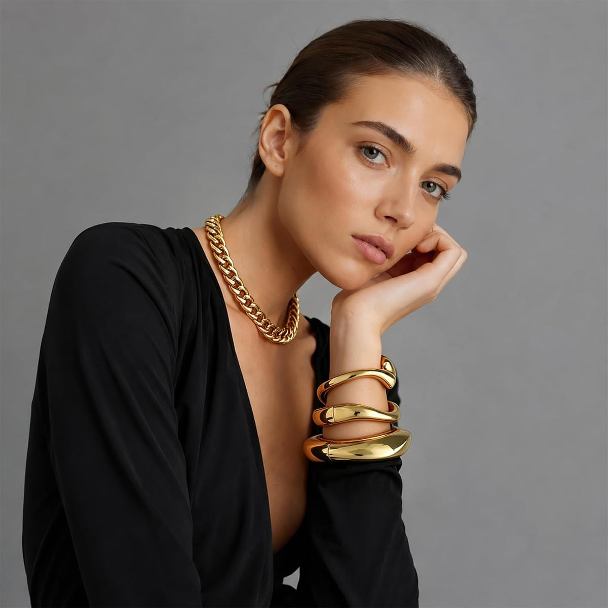 Chunky Gold Bangle Bracelets for Women Trendy 14K Gold Plated Cuff Bracelets Stack, Dainty Gold Bracelet Sets Non Tarnish Fashion Jewelry Gift