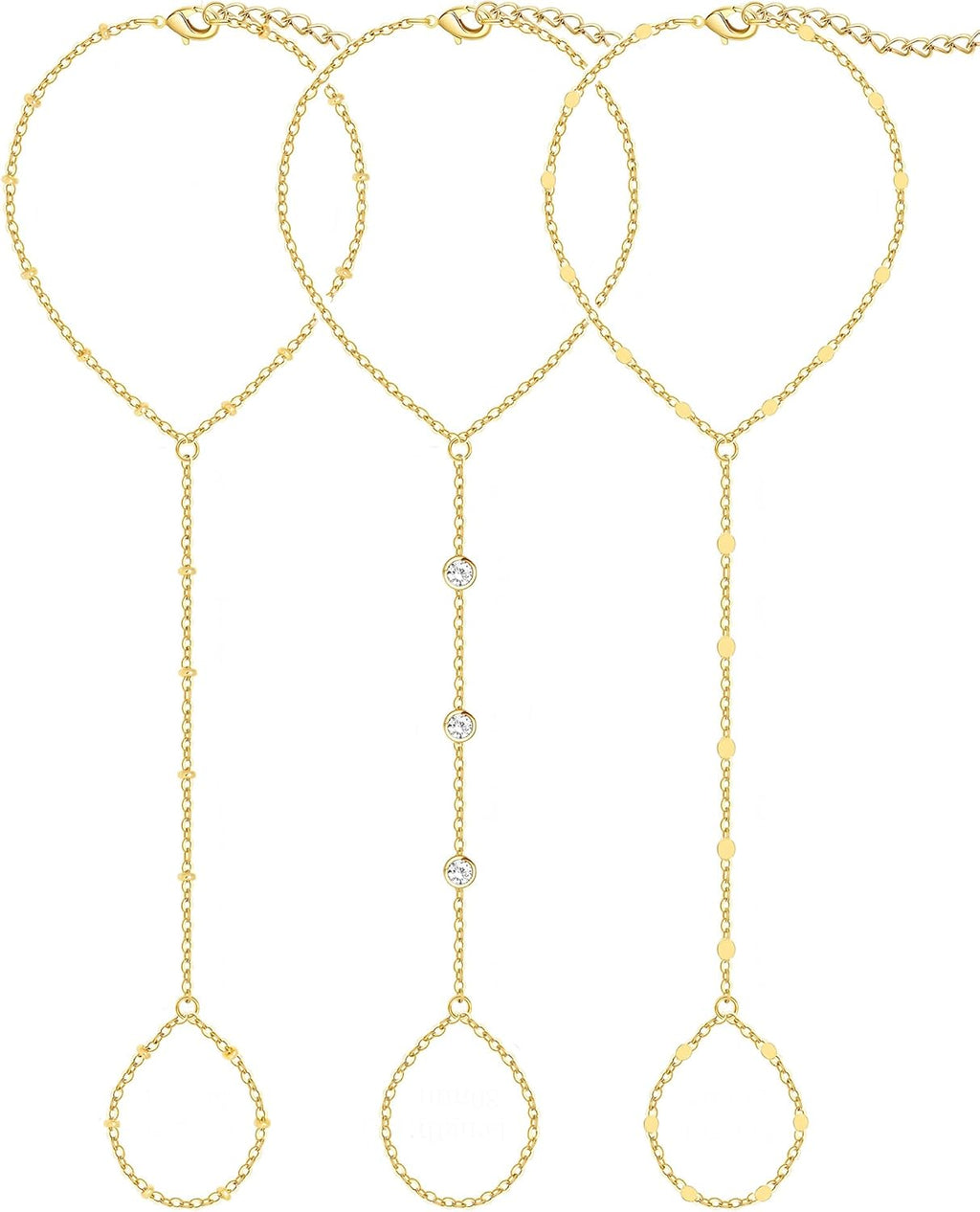 3PCS 14K Gold-Plated Hand Chain Bracelets for Women, Stack Bracelets Set Adjustable, Trendy Dainty Ring Bracelet Hand Chain