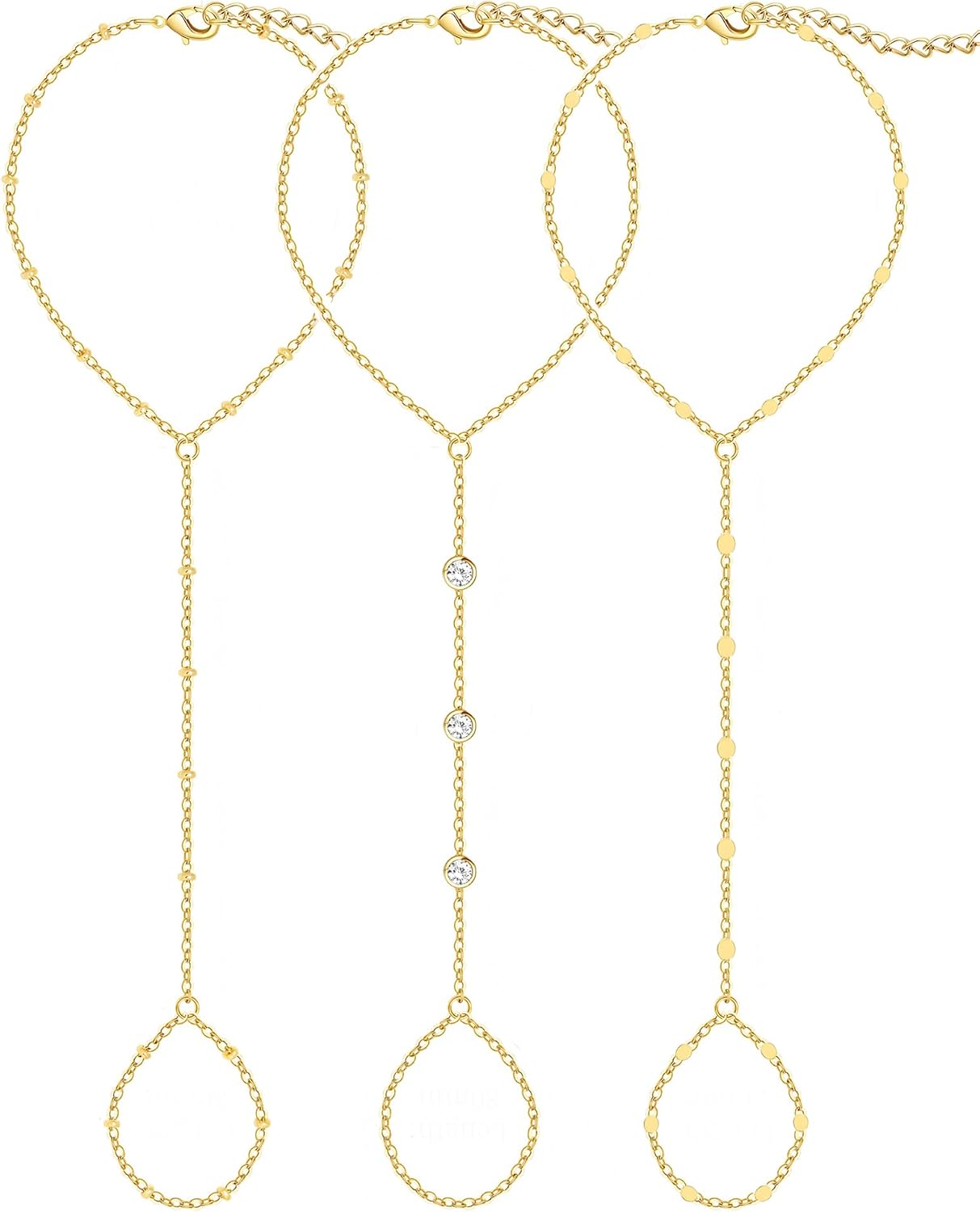 3PCS 14K Gold-Plated Hand Chain Bracelets for Women, Stack Bracelets Set Adjustable, Trendy Dainty Ring Bracelet Hand Chain