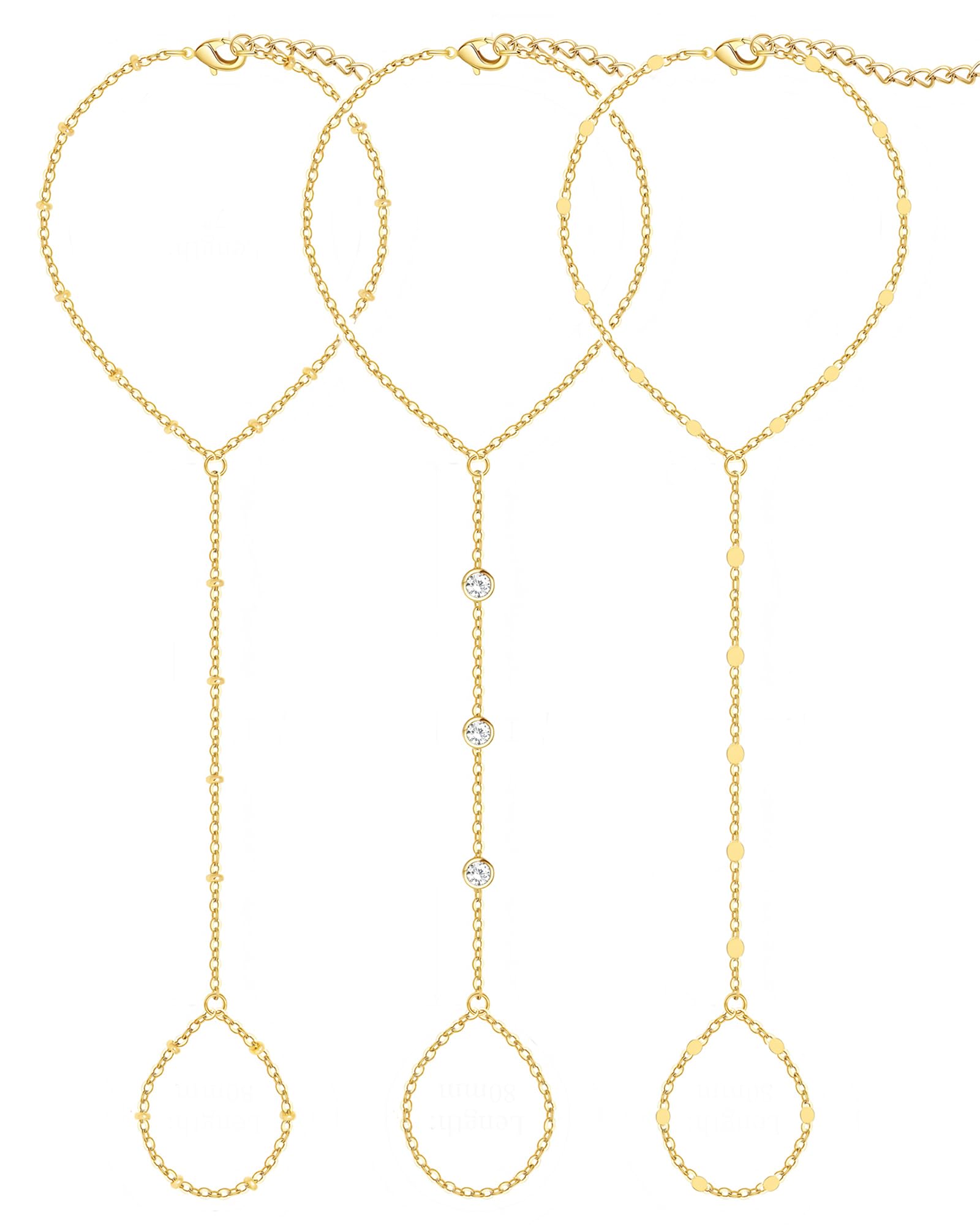 3PCS 14K Gold-Plated Hand Chain Bracelets for Women, Stack Bracelets Set Adjustable, Trendy Dainty Ring Bracelet Hand Chain