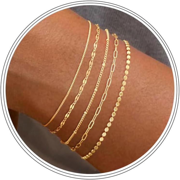 Dainty Simple Gold Bracelets for Women, Stackable Satellite Paperclip Lip Bracelet Set Tiny Lip Dot Chain Box Link for Handmade Gift Minimalist Cute Trendy Jewelry Gold Accessories for Women