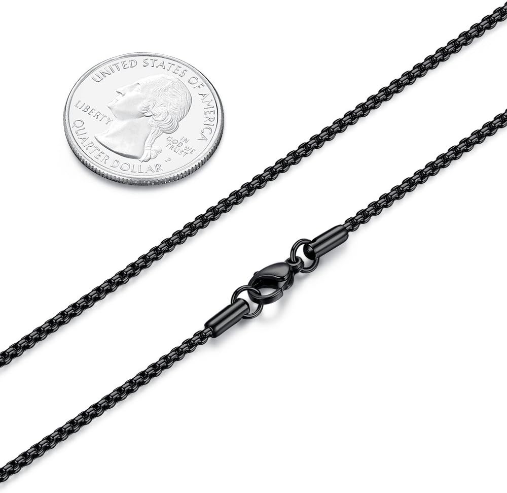 FOSIR Mens Womens Stainless Steel Black Rolo Cable Chain Necklace, Round Box Chains for Men, 2/3/4/5mm Width