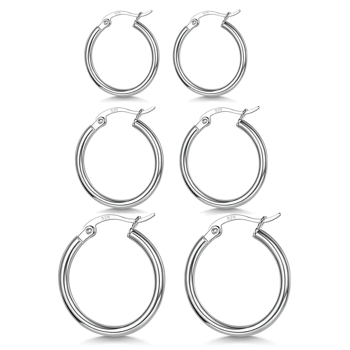 3 Pairs 925 Sterling Silver Hoop Earrings | Small White Gold Plated Hoop Earrings for Women (13mm,15mm,20mm，25mm,30mm,40mm,50mm,60mm)