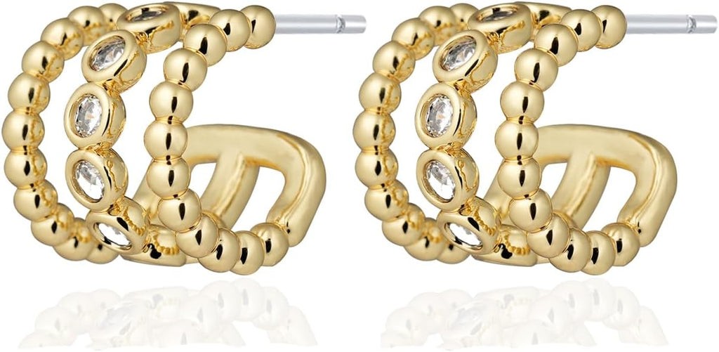 14K Gold Plated Illusion Stud Earrings for Women | Triple Huggie Hoop Earrings for One Hole| Trendy Simple Hypoallergenic Fashion Accessories Gold Jewelry Gifts for Womens